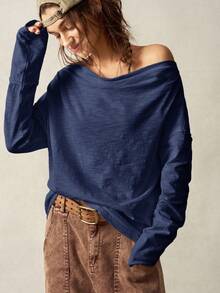 Bohemela Plus Size Off-Shoulder Loose Casual Homewear T-Shirt/Fall/Winter - Navy Blue - View 2
