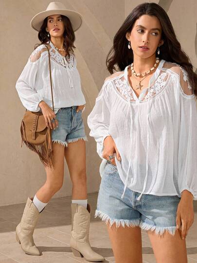 Wildy Fall Country Chic Blouse Women's Contrast Lace Tie Collar Batwing Sleeve Loose Blouse White Boho Top White Long Sleeve Blouse White Lace Top Bohemian Clothes For Women Western Wear Women Fall Women Clothes White Boho Blouse Sheer Top White Long Sleeve Top Women White Blouse Winter Clothes Women SummerHoliday ChicAutumn Romantic Feels Office Attire For Women Chic Blouses For Women