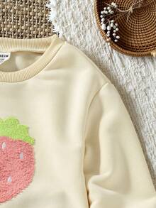 SHEIN 女婴幼儿/新生儿 0-3 岁春夏休闲可爱水果草莓印花圆领长袖运动衫 + 罗纹紧身打底裤套装 - 杏色 - 查看 8