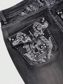 ROMWE Fairycore Quần jeans ống loe cạp trễ đính đá thêu hình xương cổ điển Y2K dành cho nữ - màu đen - Xem 4
