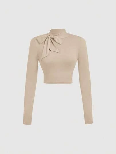 SHEIN MOD Women's Casual Khaki Bow Tie T-Shirt,Christmas,Khaki Women T-Shirt,Fall,Back To School,Khaki Turtleneck,Going Out,Slim Fit T-Shirt