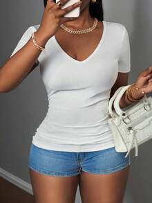 Slaydiva 2025 New Plus Size Women Casual Basic Racerback Sleeveless Deep V-Neck Ribbed White T-Shirt - White - View 6