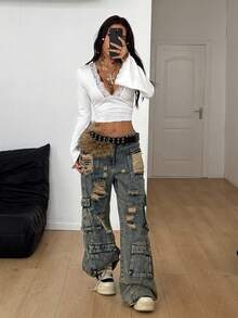 Coolane Women's Fall Rave Festival Going Out Renaissance Fair Clubs Y2K Contrast Lace Deep V-Neck Long Sleeve Tee White Shirt - White - View 2