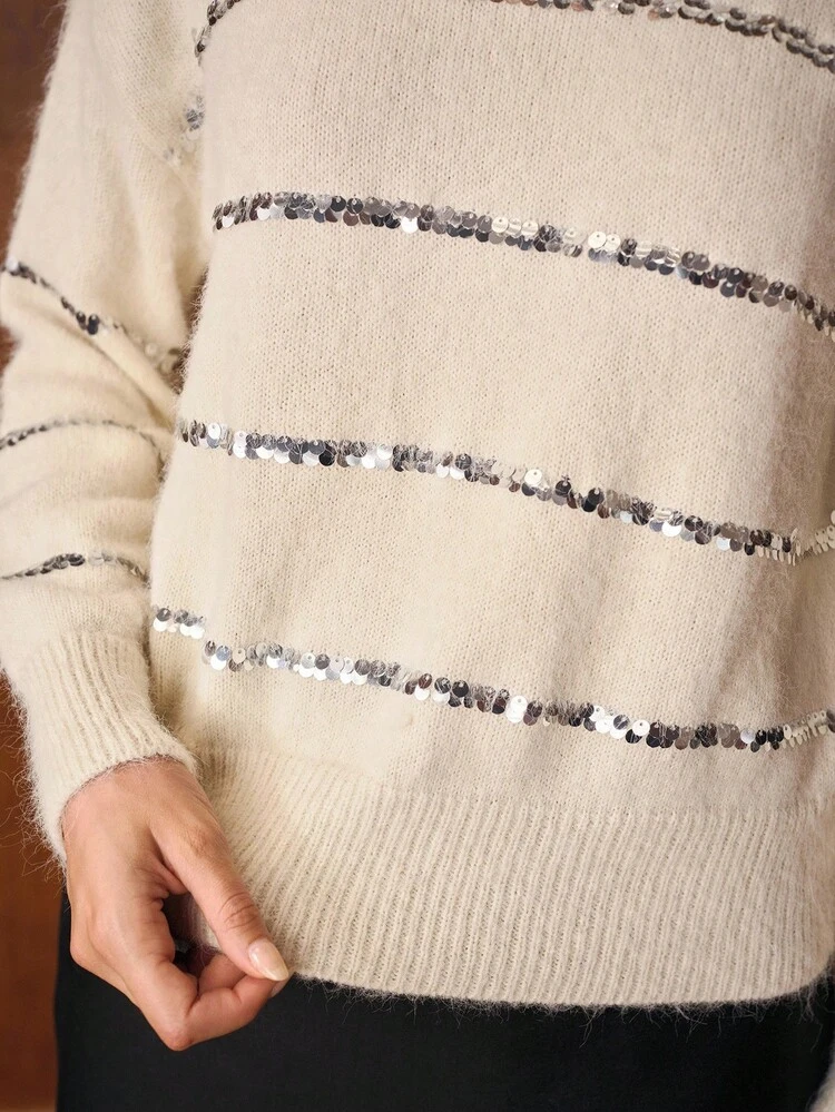 CONTRAST SEQUIN PULLOVER SWEATER