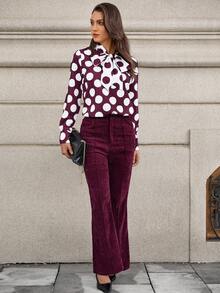 SHEIN Unity Women's Elegant Velvet Seam Front Flare Pants, Solid Color, Autumn/Winter Fall Cloth For Women - Burgundy - View 5