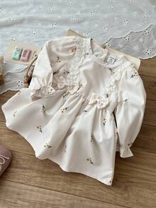 SHEIN 1 pieza Vestido de princesa de manga larga con bordado floral y lazo, falda de tul esponjosa, estilo dulce adecuado para fiesta de cumpleaños, otoño/invierno