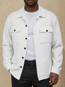 Manfinity Homme 男士休闲衬衫夹克，立领纽扣长袖开衫，双口袋，适合日常、休闲、时尚、通勤、街头风格、春秋季 - 白色 - 查看 5