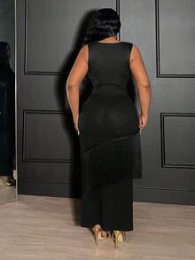 Veslaya Vestido maxi asimétrico de punto negro con parches, flecos y sin mangas para mujer talla grande, estilo vintage occidental, casual de negocios, elegante para oficina, calle, vacaciones, graduación o fiesta, colección otoño/invierno 2025