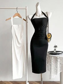 Teen GirlSimple Plain Sleeveless Bodycon Dress For Everyday Wear - Black and White - View 1