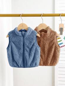 SHEIN 2pcs Baby Boy/Girl Cute Solid Color Fluffy Vest Jacket Set, Autumn/Winter Fall