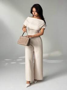 SHEIN PETITE Women's Summer New Arrival Simple Elegant Daily Casual Linen Commuter Wide Collar Off Shoulder Blouse And Wide Leg Pants Suit - Apricot - View 8