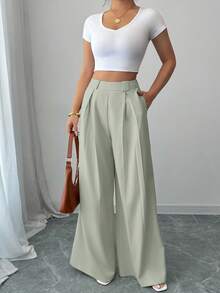 Selianne Culotte de cintura alta sólido color albaricoque, estilo elegante adecuado para uso diario y trabajo, vintage para temporada de graduación, festival de música, Derby, Día de la Independencia - Verde - Ver 4