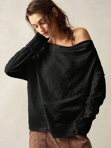 Bohemela Áo thun tay dài dáng rộng, dáng rộng, màu trơn, vai chéo cỡ lớn dành cho nữ - màu đen - Xem 6