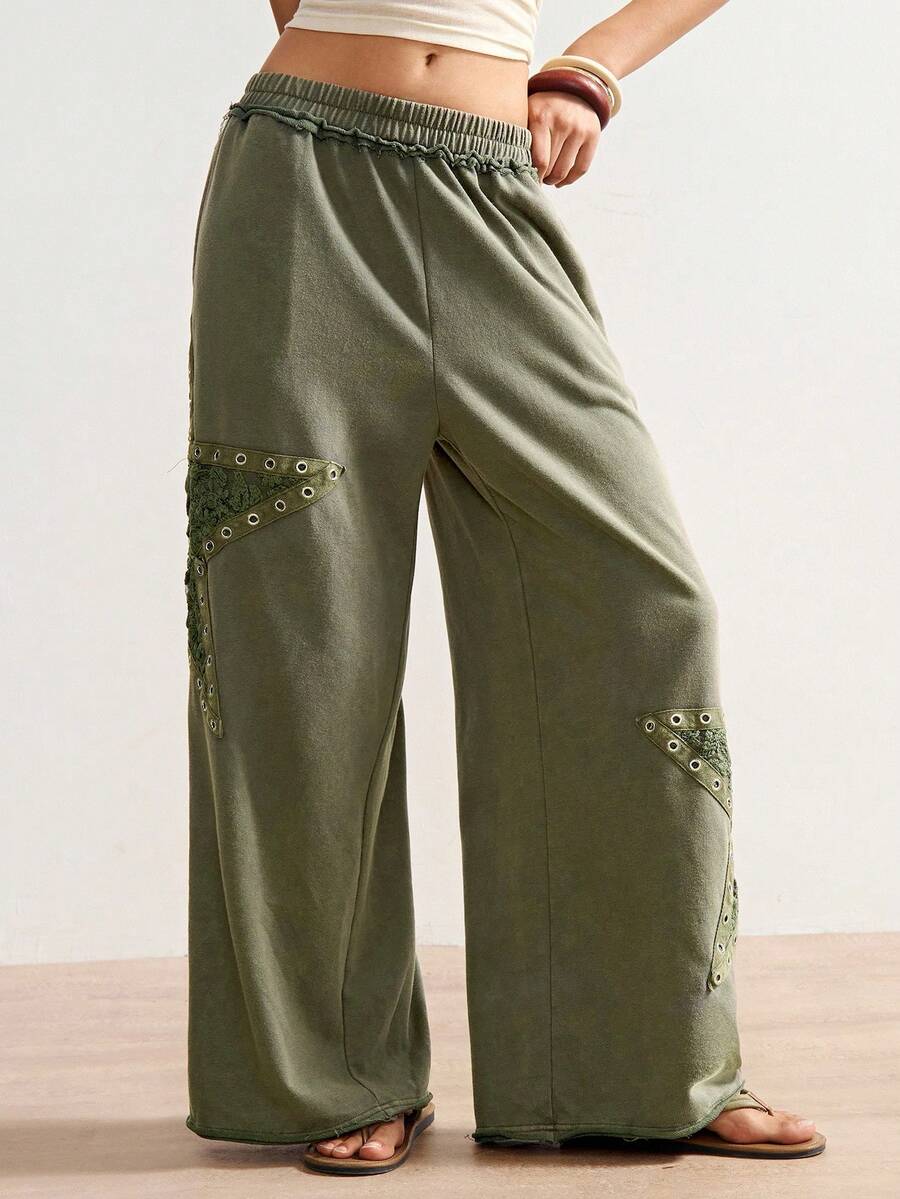 Bohemela Casual Solid Color Knit Loose Wide-Leg Women Pants Wide Leg Pants Loose Pants Lace Up Pants Boho Pants Eyelet Pants - Army Green - View 1