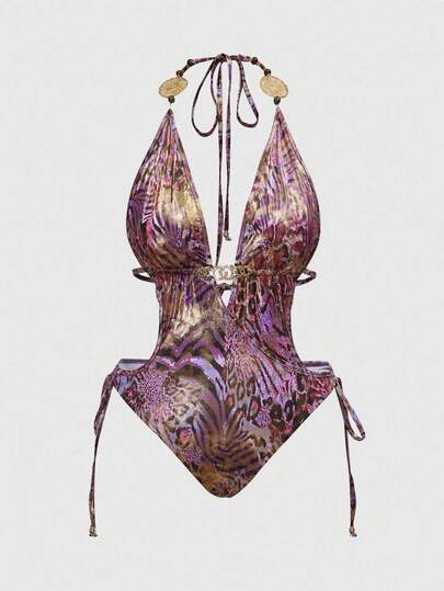 ROMWE Avant Body sexy rétro Y2K avec décoration métallique et imprimé léopard pour femmes