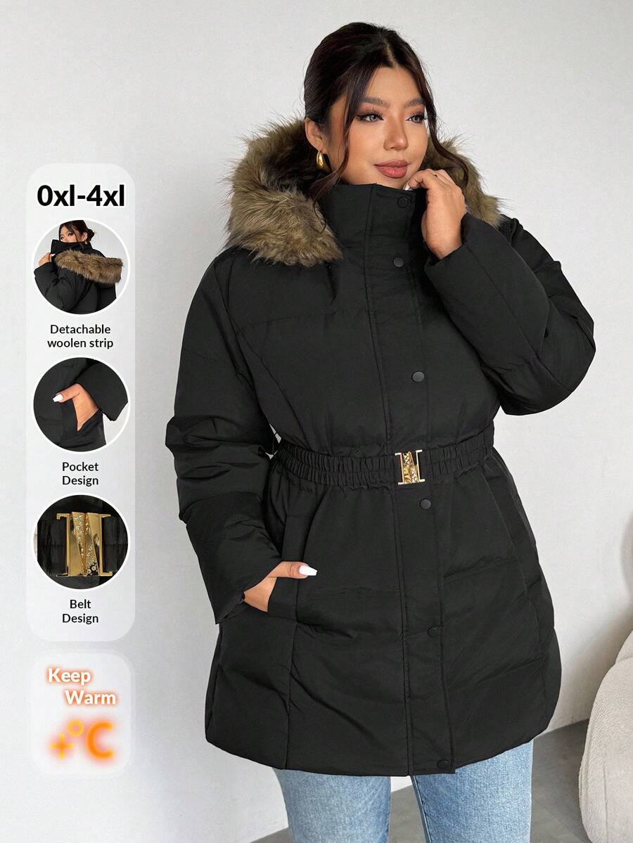 Firerie Plus Size Casual Hooded Fluffy Brown Contrast Color Beanie Hat, Black Cinched Waist Metal Buckle Belt Long Sleeve Thick Padded Coat For Hiking & Skiing, Autumn/Winter Plus Size Winter Coat Plus Size Jackets Plus Size Winter Clothes Women Plus Size Coats Winter Outerwear Women Coats For Women Plus - Black - View 1