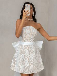 Vowa 优雅奢华的超大蝴蝶结露肩珍珠链连衣裙，适合婚礼、派对、单身派对、度假、舞会、新娘送礼会礼服 - 米色 - 查看 9