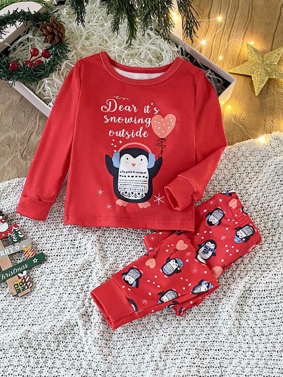 2pcs Baby Girls' Christmas Penguin & Star Heart Print Cozy Casual Crew Neck Long Sleeve Top And Leggings Pajama Set, Autumn/Winter - Red - View 1