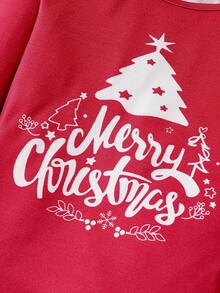 SHEIN 1 套圣诞快乐男孩睡衣，紧身睡衣，红色长袖上衣，饰有白色装饰圣诞树图案和草书字体“圣诞快乐”文字，配套图案下装，带有分层圣诞树和白色雪花，弹性透气针织面料，可机洗，穿着舒适，易于护理，母子装（4 套单独出售）