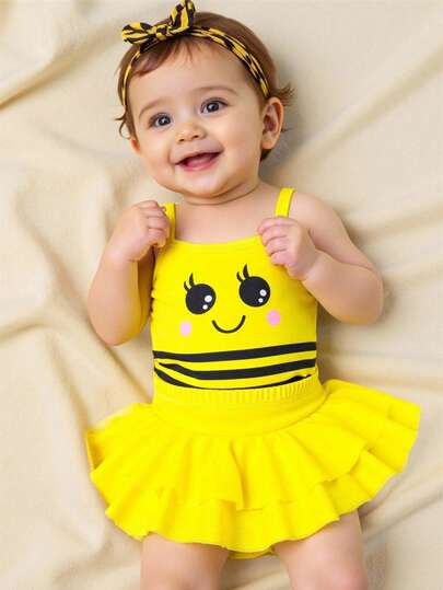 可爱表情印花连体泳衣，带裙摆，适合女婴，可爱，适合游泳