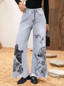 SHEIN LUNE Embroidered High-Waisted Wide-Leg Jeans - Blue - View 5