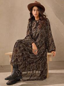 Wildy Romantic Bohemian Print Loose Midi Dress, New Arrival For Autumn Vacation Fall Dresses For Women Plus Size Paisley Dress Plus Size Winter Dresses Earthy Plus Size Plus Size Boho Dress