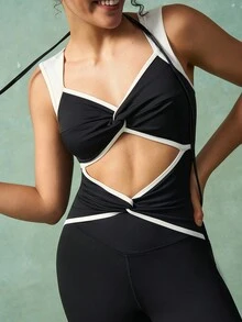 VARSIVA 女式圆领扭纹镂空无袖连体衣 - 黑與白 - 查看 4