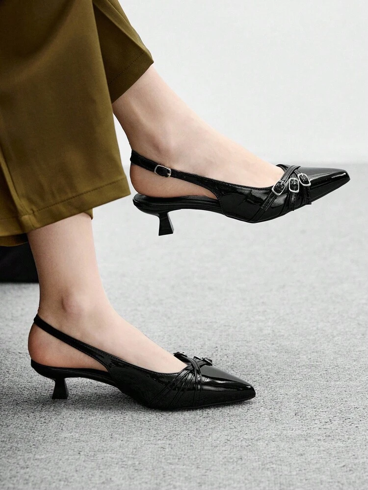 CUCCOO BIZCHIC Women's Pointed Toe Kitten Heel Black Multi-Strap Backless Comfortable Commute Versatile Office Lady High Heel Pumps For Christmas Spring Shoes