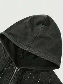 ROMWE MEN Street Life Unisex Rhinestone Zipper Hoodie Sweatshirt, Street Style American Design , Fall - Black - View 5