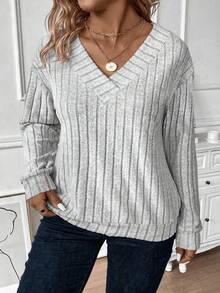 EMERY ROSE New Plus Size Women Casual V-Neck Ribbed Corduroy Fabric Long Sleeve Sweatshirt - Grey - View 3