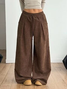 Coolane Women's Winter/Fall Streetwear Casual Vintage Preppy Basic Corduroy Comfortable Brown Baggy Wide Leg Sweatpants Y2k - Brown - View 6