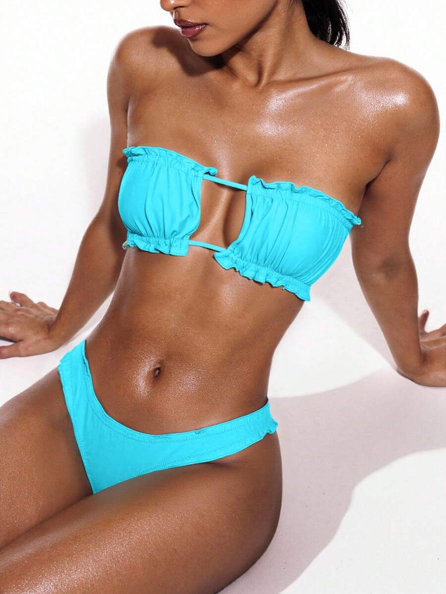 Swim Basics Summer Beach Frill Trim Bandeau Bikini Set - Blue - View 1
