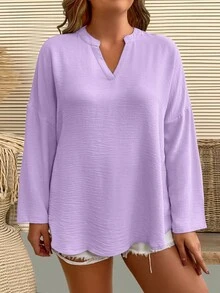 EMERY ROSE Plus Size Women's Casual Everyday Simple Solid Color Notched Neck Loose Blouse, Spring/Autumn - Mauve Purple - View 3