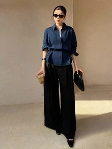 K-Vae 女秋冬复古牛仔衬衫老款衬衫简约风系腰衬衫日常通勤衬衫 - 中等水洗藍 - 查看 2