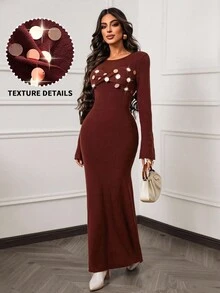 Lineaform Figurbetonte elegante Strickkleid, geeignet als Hochzeitsgast-Outfit, Partykleid, Vintage Pailletten Dekor - Braun - Übersicht 1