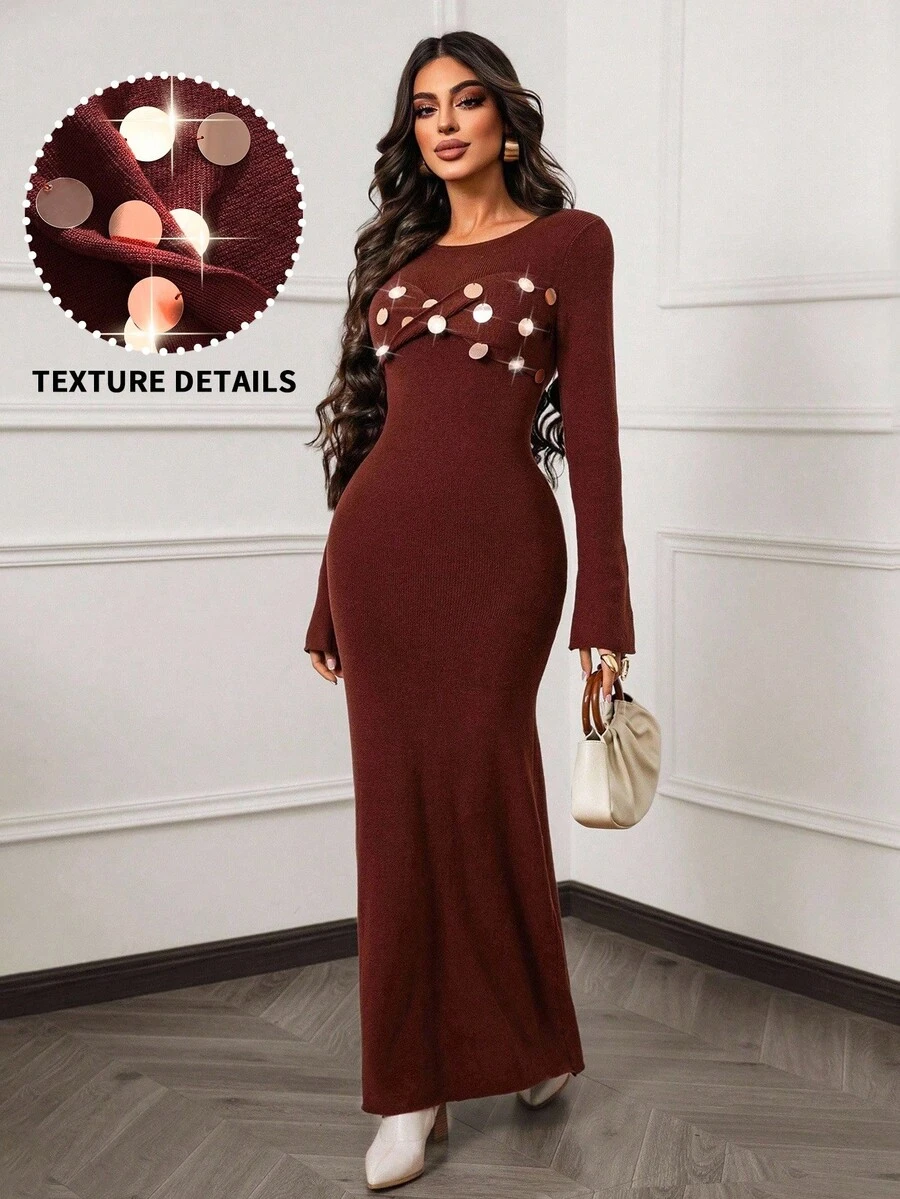 Lineaform Figurbetonte elegante Strickkleid, geeignet als Hochzeitsgast-Outfit, Partykleid, Vintage Pailletten Dekor - Braun - Übersicht 1