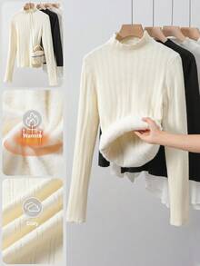 Franclia 女士时尚简约新款秋冬杏色长袖立领保暖加厚罗纹弹力修身针织打底衫，可外穿，简约百搭时尚休闲保暖针织衫