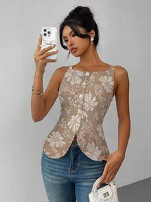 Chiquease 女士优雅珍珠纽扣前无袖衬衫 - 卡其色 - 查看 3