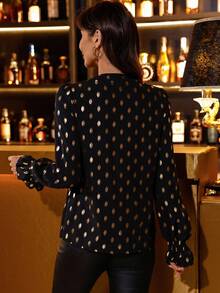 EMERY ROSE Gold Dot Print Shirred Cuff Blouse,Long Sleeve Tops - Black - View 2