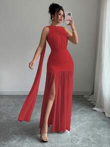 Elenzga Váy suông hở lưng xẻ cao màu trơn dành cho nữ - Đỏ - Xem 4