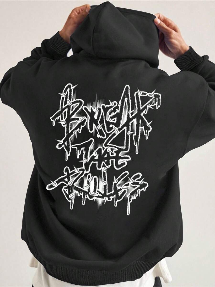 100%Cotton Men Slogan Graphic Pocket Drawstring Hoodie - Dark Grey - View 1
