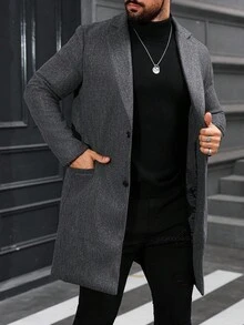 Manfinity Mode Men's Long Sleeve Solid Color Lapel Neck Single-Breasted Casual Overcoat, Autumn/Winter Men Dress Coat - Dark Grey - View 8