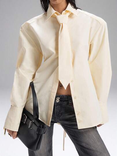 LYSMO 2025新款极简秋冬女式超宽垫肩系领长袖腰带衬衫，适合日常穿着、通勤、办公、展现迷人风采、都市时尚