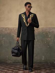 AKNOTIC 2pcs Men's Woven Casual Loose Fit Long Sleeve Jacket And Straight Leg Pants Set - Black - View 2