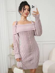 Modelyn Abito maglione elegante aderente a trecce con spalle scoperte, abbigliamento autunnale e invernale per donna - Rosa - Visualizzare 6