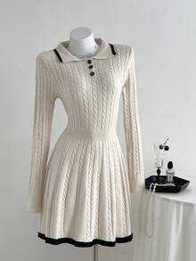 Elamini Women Contrast Color Block Button Front Waist Cinched Casual Sweater Dress Fall Winter Cloth For Women - Beige - View 5