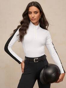 Activina Minimalist Fashionable Contrast Striped Half-Zip Stand Collar Fitted Equestrian Jacket