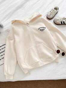 Genkimix Kids 女童针织保暖内衬休闲前拉链连帽衫，带英文字母印花，时尚日常、返校、百搭场合皆宜 - 杏色 - 查看 6