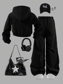 Tween Girl 撞色连帽拉链夹克和阔腿裤套装 - 黑色 - 查看 2