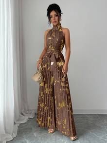 Lyxana Halloween Outfit Sleeveless Ruffle Collar Elegant Romantic Precision Women's Wide Leg Jumpsuit - Multicolor - View 5